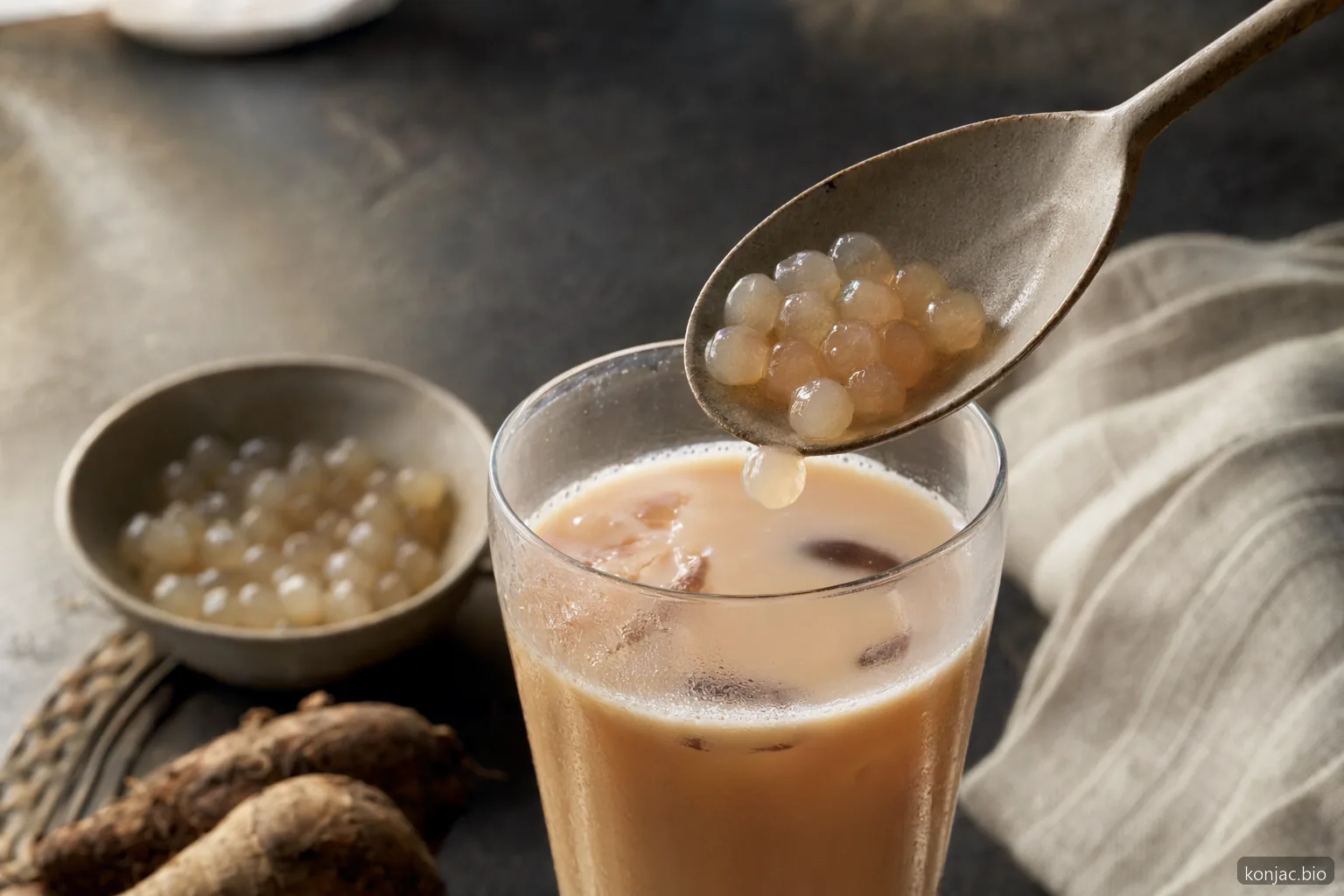 Konjac boba pearls packed in syrup for bubble tea