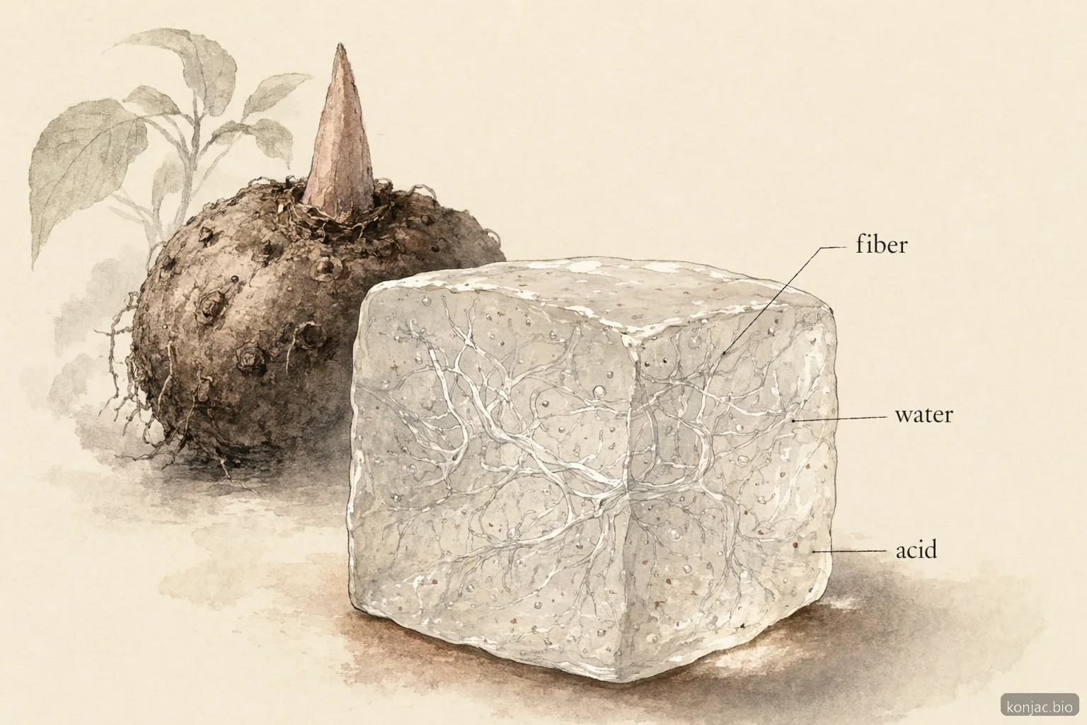 Konjac candy gel network forms when glucomannan fiber hydrates with water, acid, and sweetener