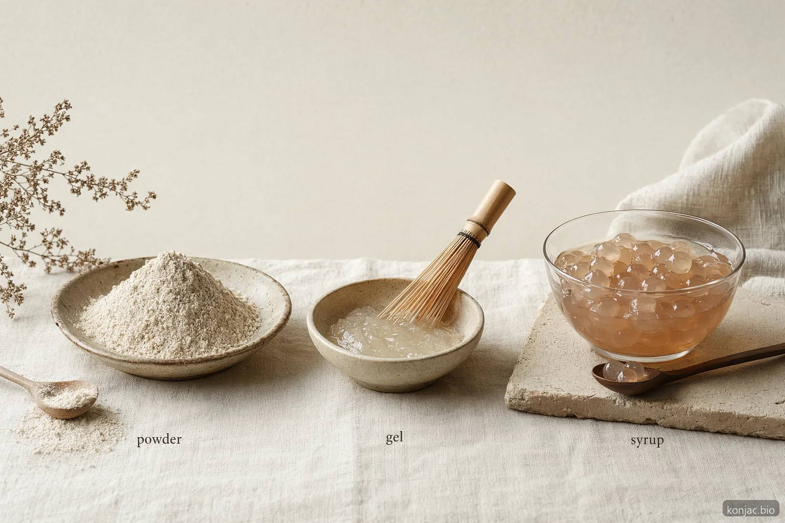 konjac crystal boba ingredients show powder hydrated into gel pearls, then held ready to serve in syrup