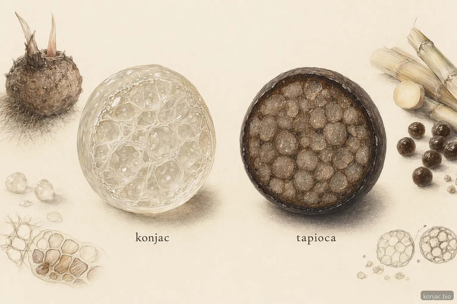 konjac crystal boba differs from tapioca pearls by using a clearer gel network instead of dense starch chew