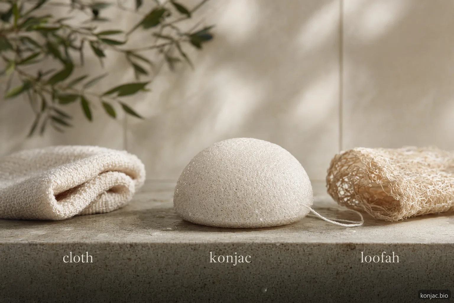 benefits of a konjac sponge compared with cloth and loofah, emphasizing a softer plant-based cleansing swap