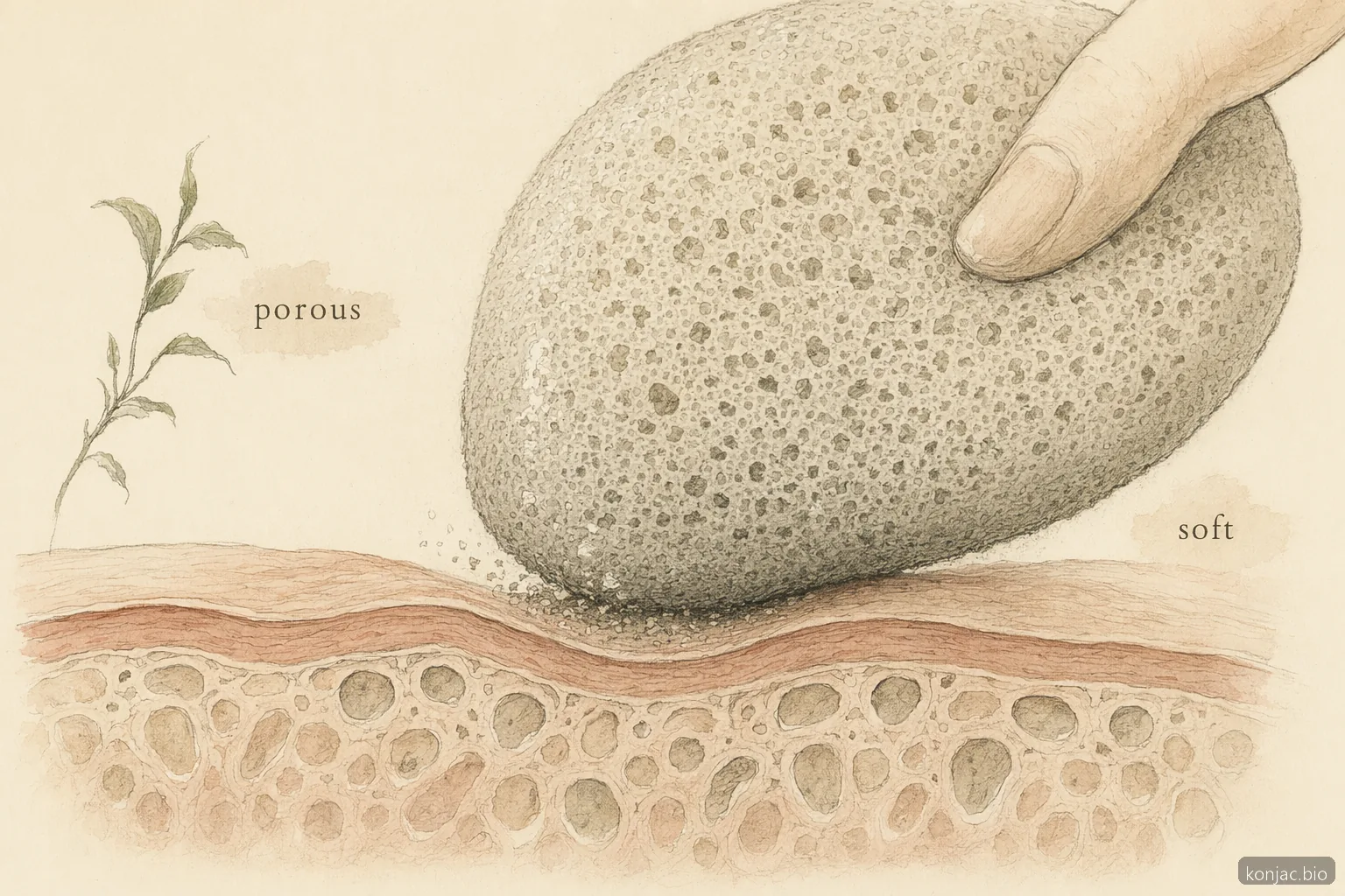 benefits of konjac sponge explained by a porous cross-section that shows soft contact can lift surface flakes gently.