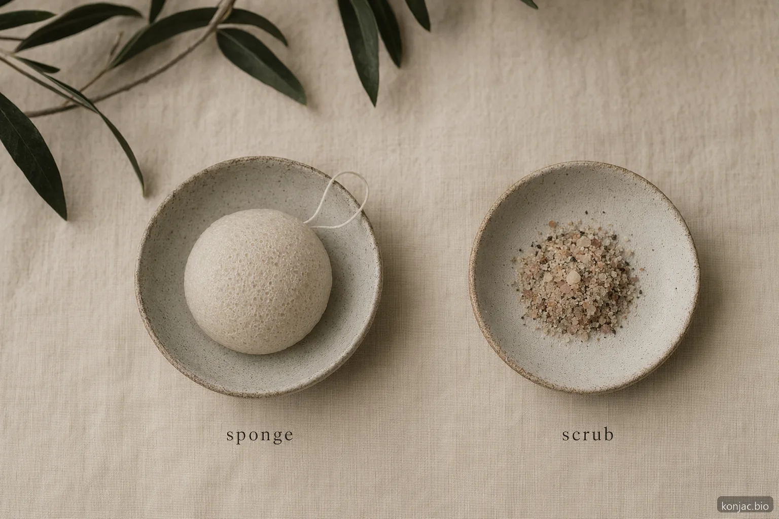 benefits of konjac sponge compared with facial scrub grains, showing a softer tool for light daily exfoliation.