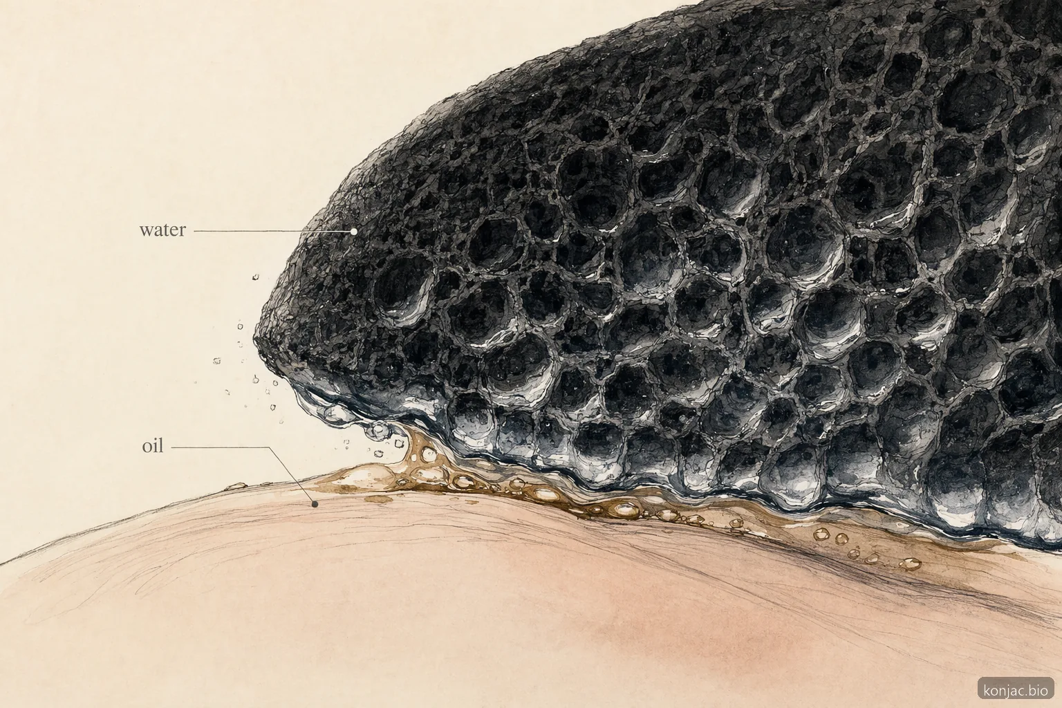 black konjac sponge cross-section shows swollen porous fiber lifting surface oil with water, not harsh scrubbing