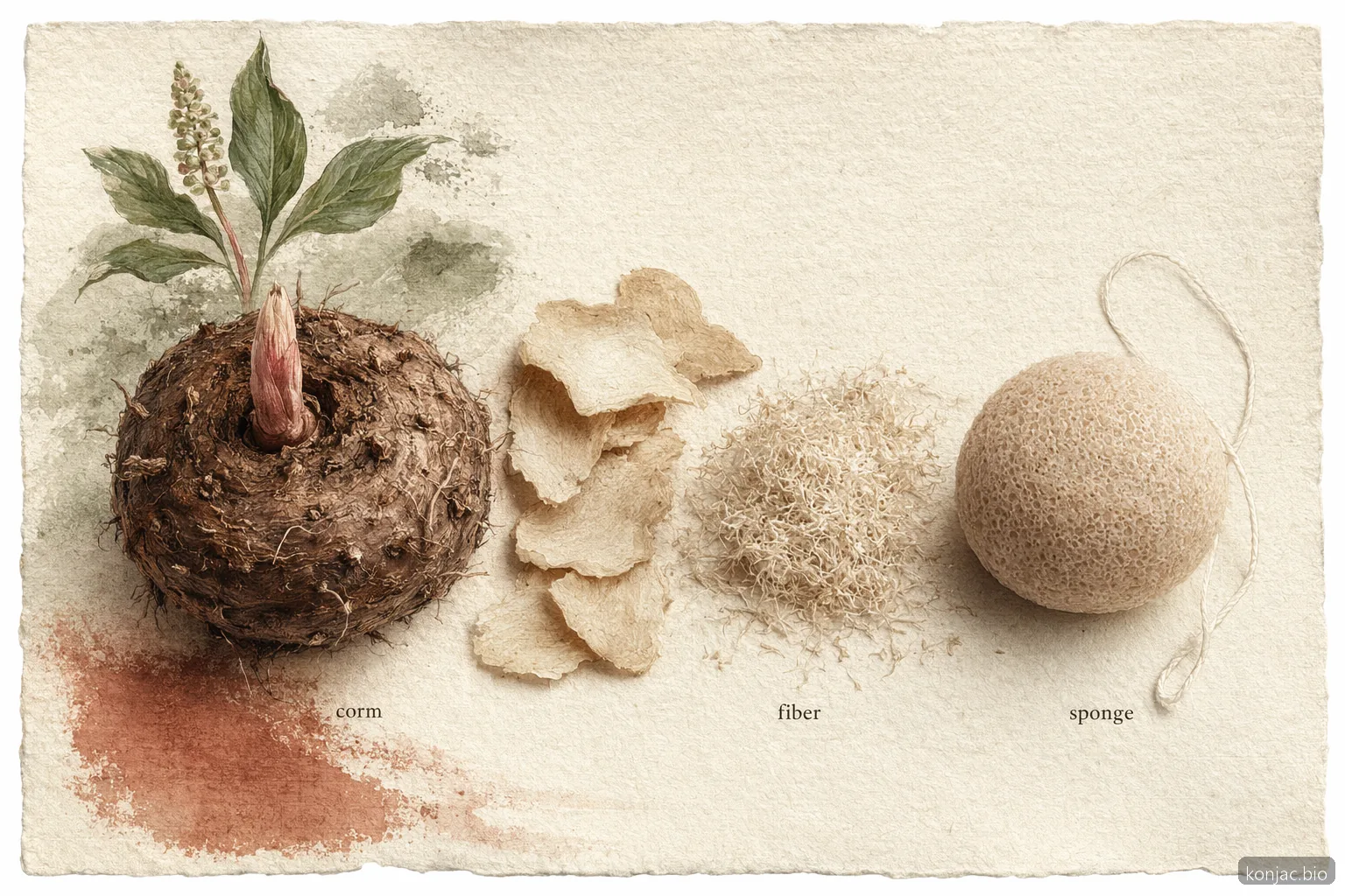 konjac sponge production starts with konjac corm fiber that is processed, shaped, dried, and rehydrated for use.