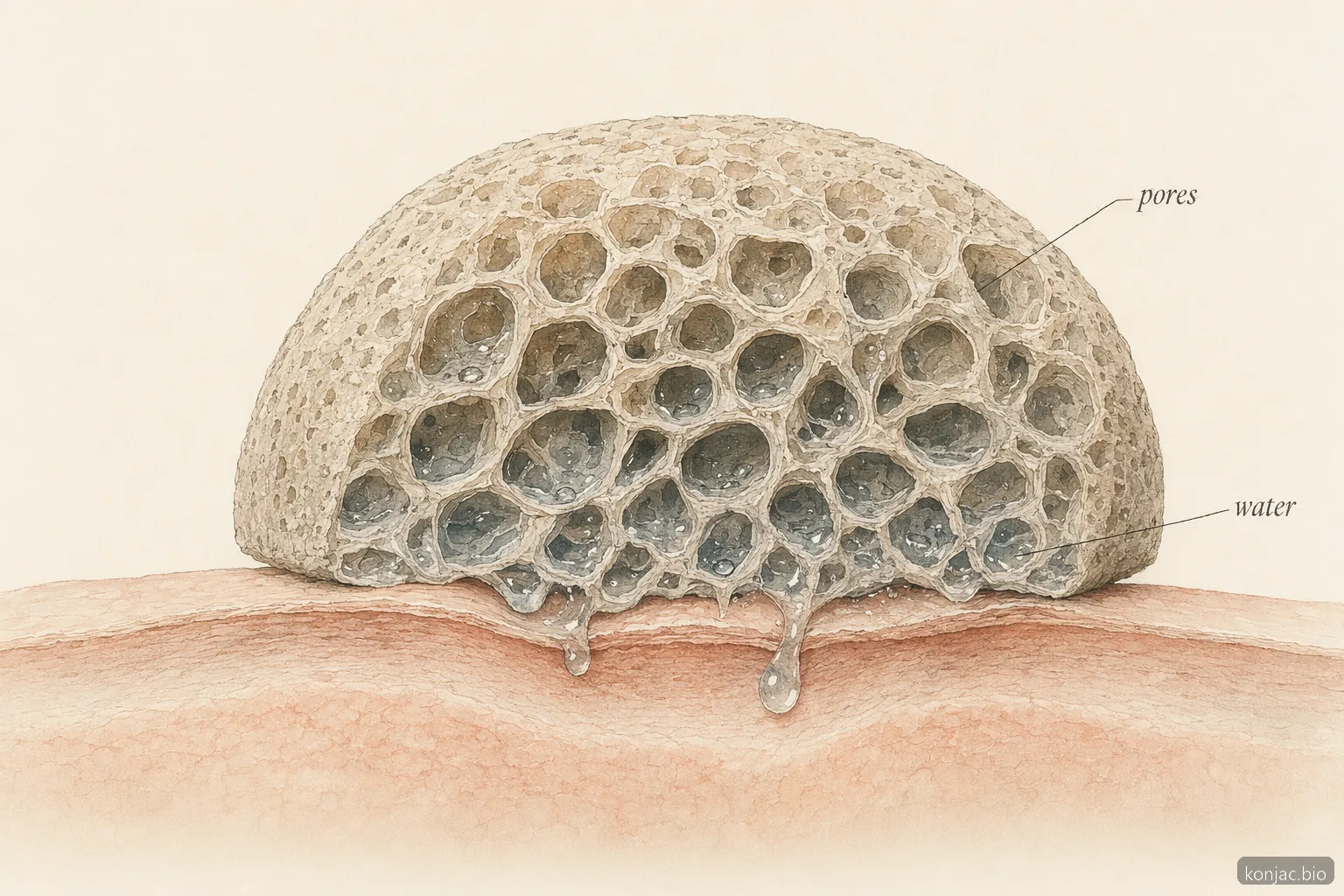 konjac sponge porous structure holds water, helping the tool cleanse with light physical exfoliation.