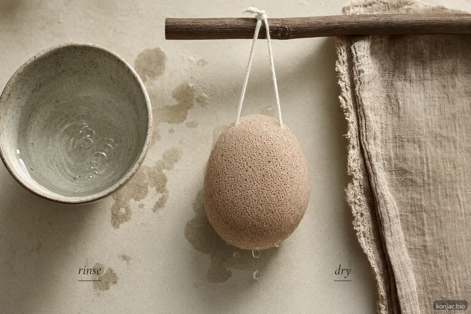 Exfoliating konjac sponge hygiene depends on rinsing well, drying with airflow, and replacing before buildup.