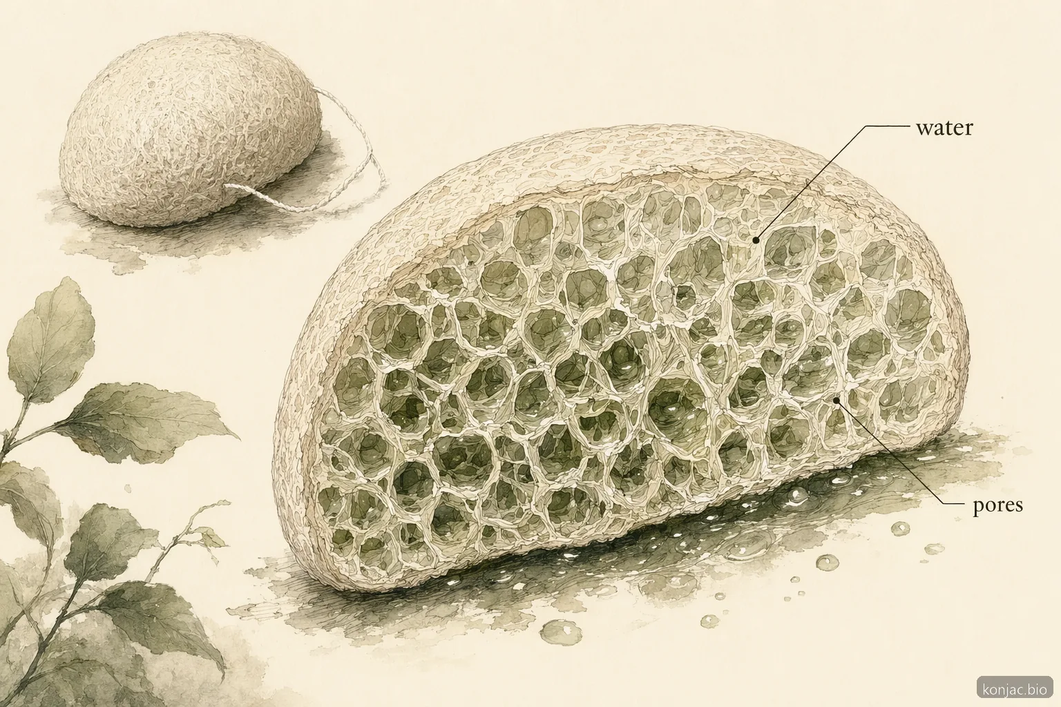 facial konjac sponge porous plant fiber swells with water, creating a cushioned surface that lifts residue gently