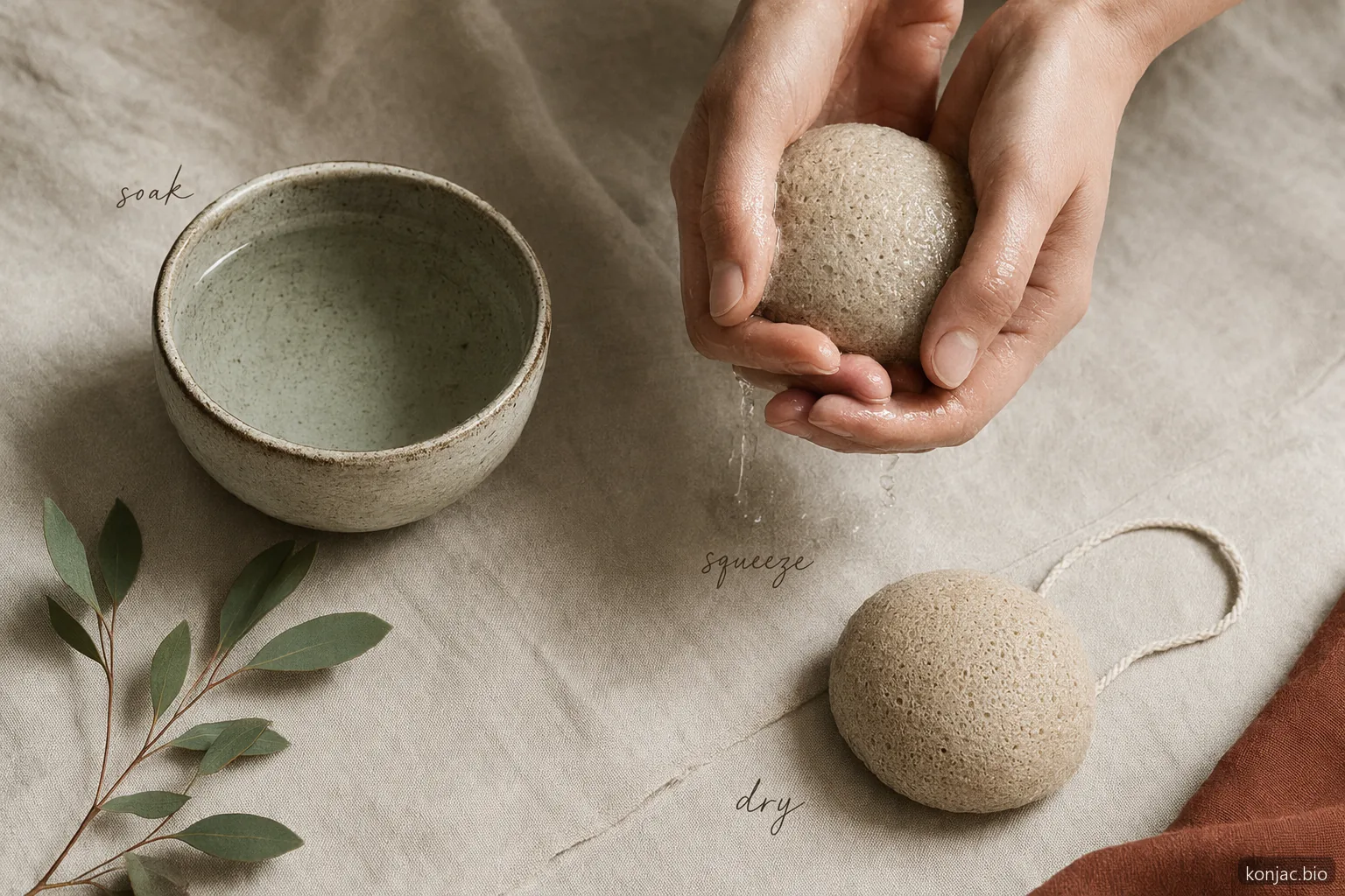 facial konjac sponge care works best when soaked, squeezed clean, and hung to dry between face washes