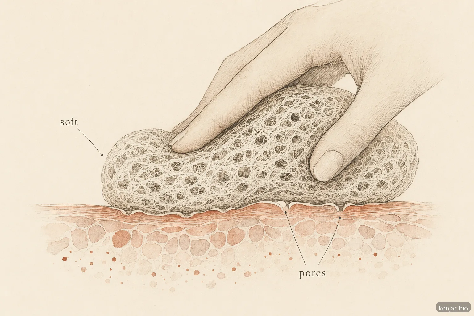 Konjac body sponge porous fibers flex against skin, explaining gentle exfoliation without harsh scrubbing