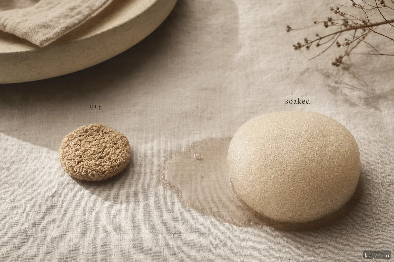 konjac sponge exfoliate key fact: water turns a firm dry sponge into a soft, springy cleansing tool