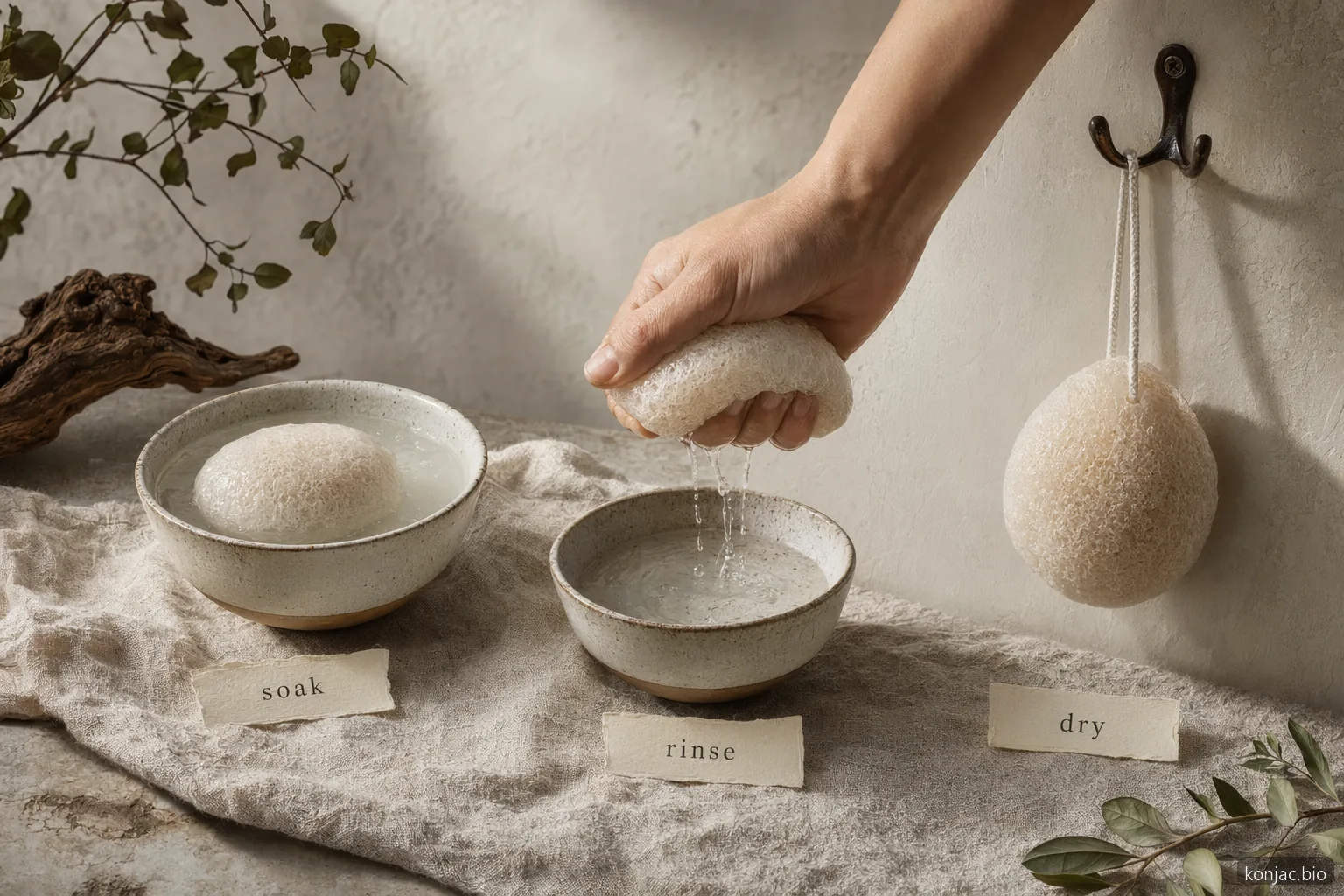konjac sponge for body should be soaked, rinsed, squeezed, and hung to air-dry after each shower