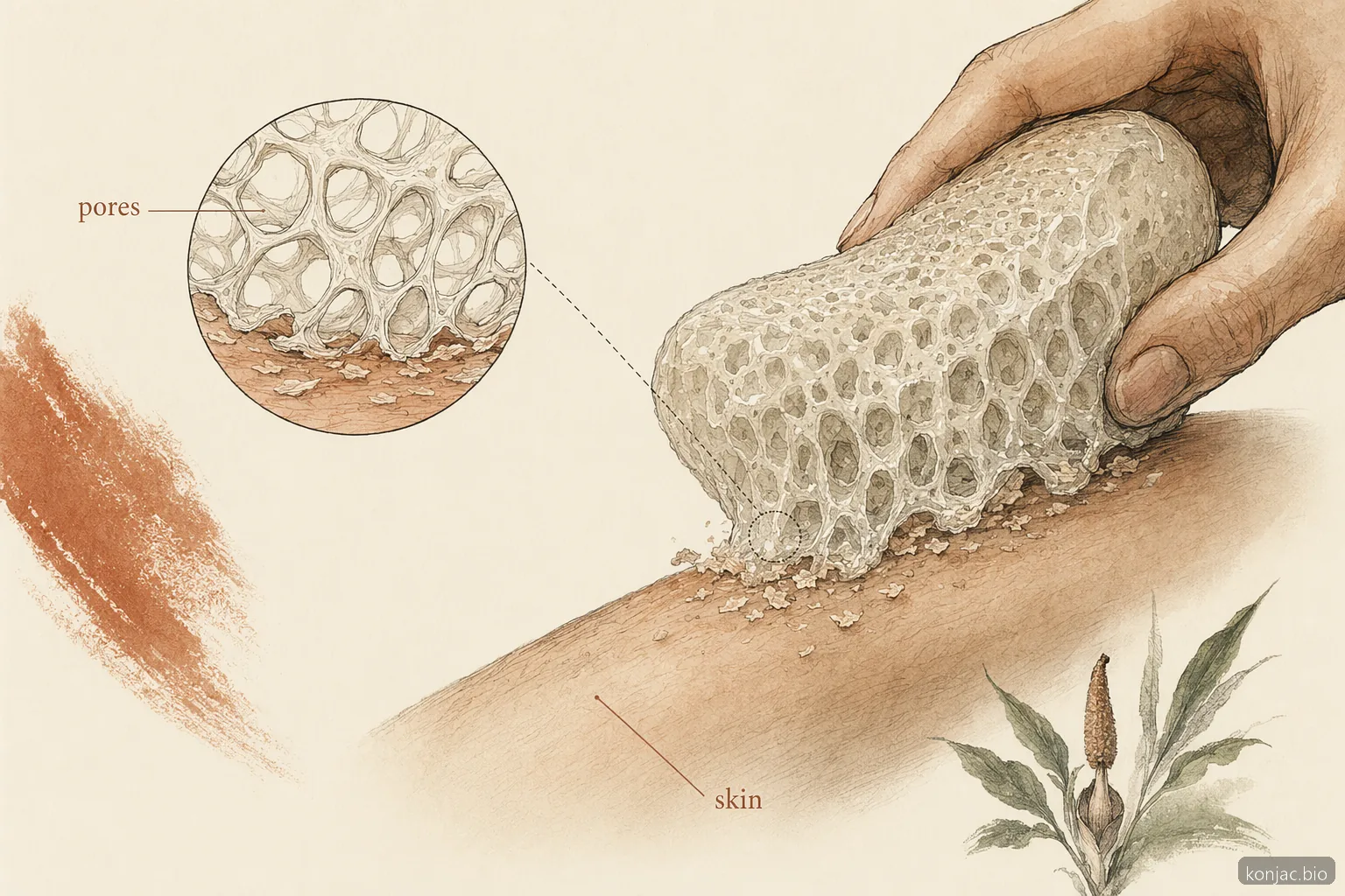 konjac sponge for body exfoliates with hydrated pores that glide over skin more gently than gritty scrubs