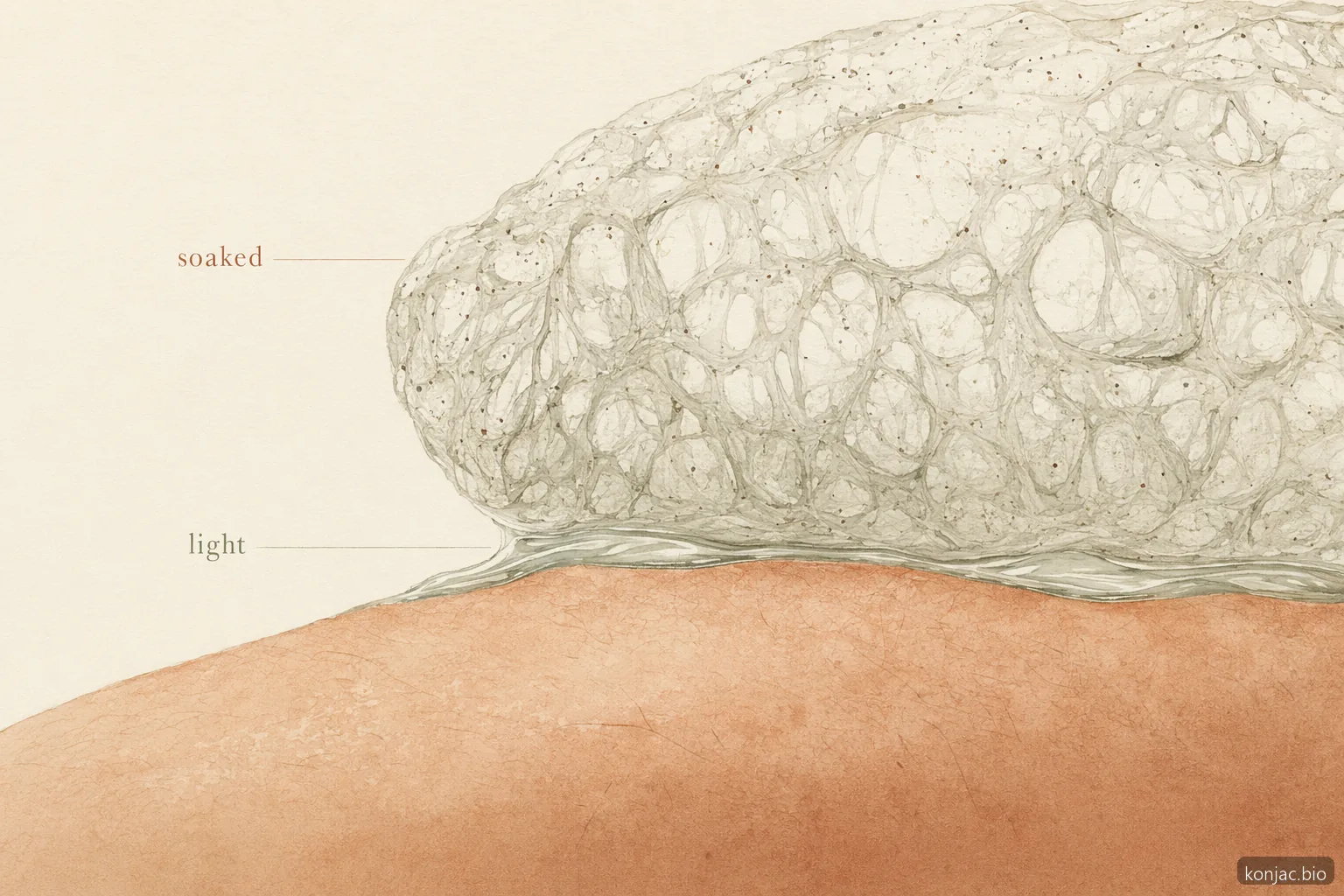 Konjac sponge sensitive skin use is gentler when the sponge is soaked and moved with light pressure.
