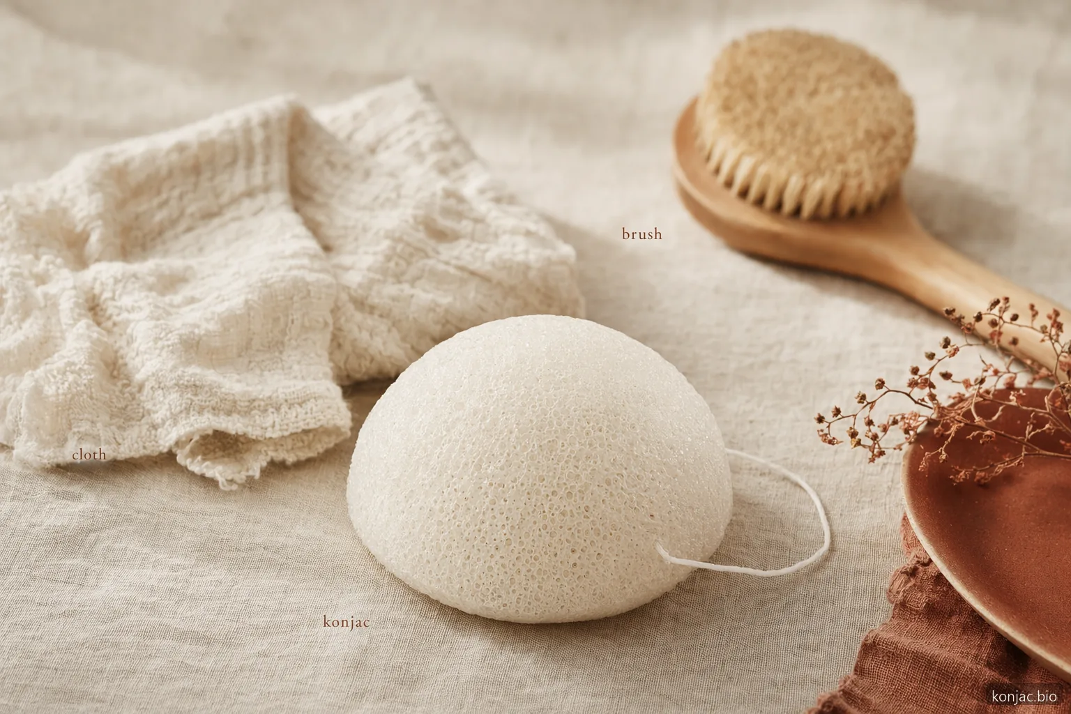 Konjac sponge sensitive skin comparison shows plain konjac as softer than a washcloth or facial brush.