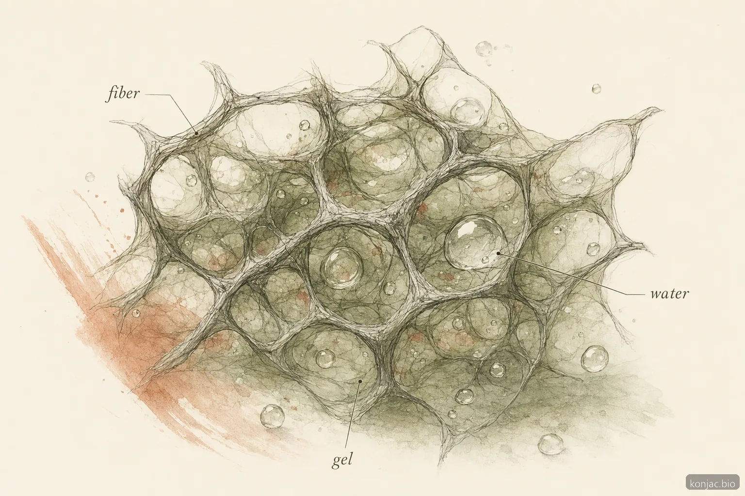 What is konjac glucomannan gel network showing water held in a porous fiber matrix for thickening foods.