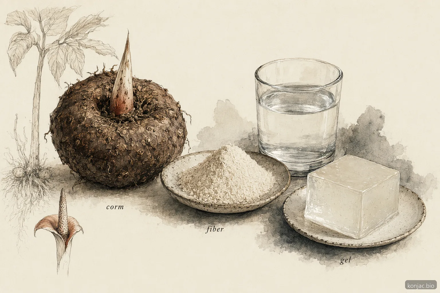 what is konjac jelly made of: konjac corm, glucomannan powder, and water form a springy plant-based gel