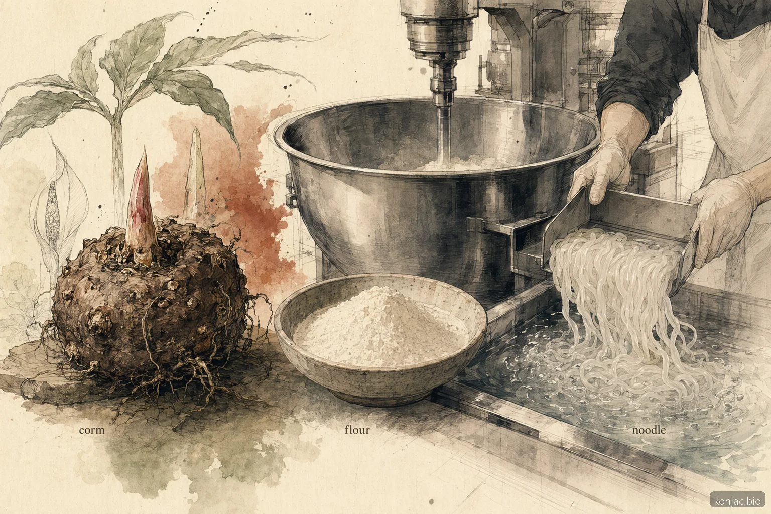 Bulk shirataki manufacturing turns konjac corm into flour, slurry, and finished noodles at production scale.