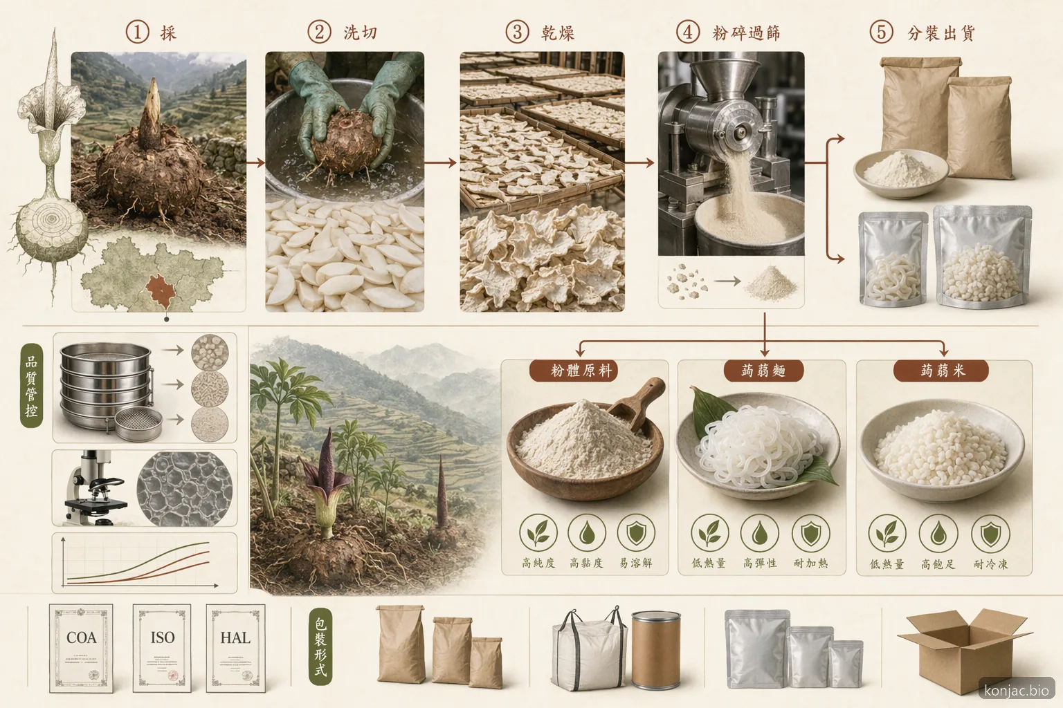 konjac wholesale flow diagram shows Yunnan corms becoming flour, glucomannan powder, and OEM shirataki after QC checks