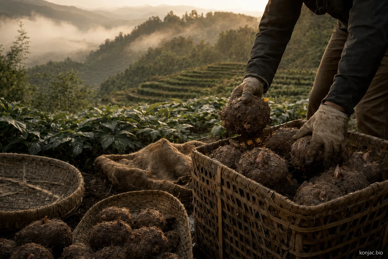 konjac wholesale sourcing begins with harvested konjac corms packed in crates near terraced fields