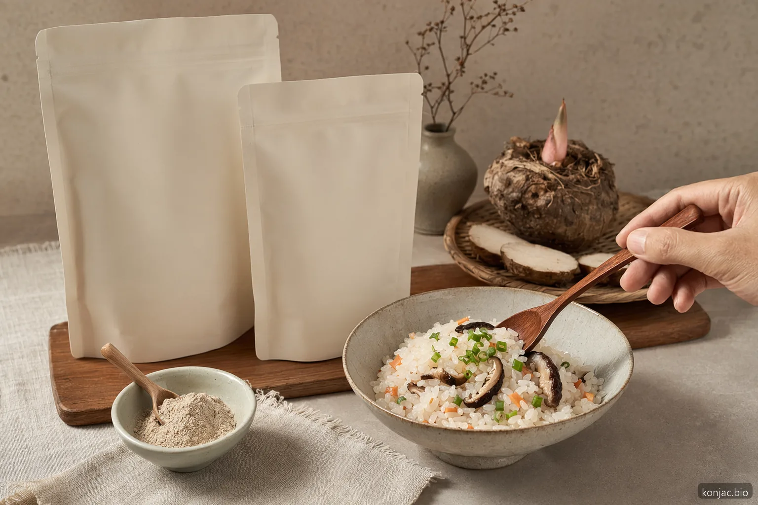 konjac wholesale can support finished OEM foods such as konjac rice, powder, and blank private-label pouches