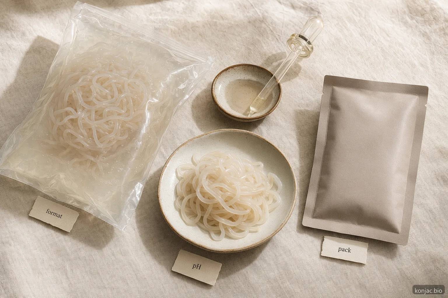 konjac noodle bulk specs shown by unbranded pouch, brine pipette, and noodle sample for format, pH, and pack checks