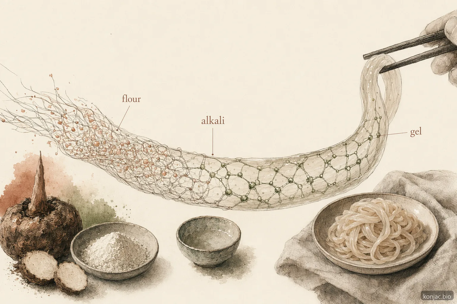 konjac noodle ingredients need alkali because calcium helps konjac flour set into a springy gel network.