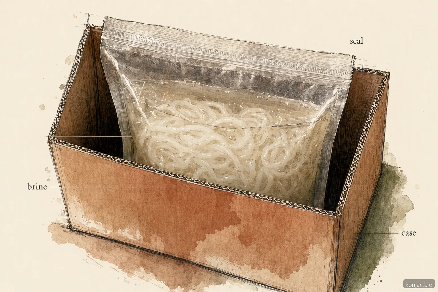 shirataki noodle bulk packaging protects shelf life through sealed pouches, brine, and sturdy export cases