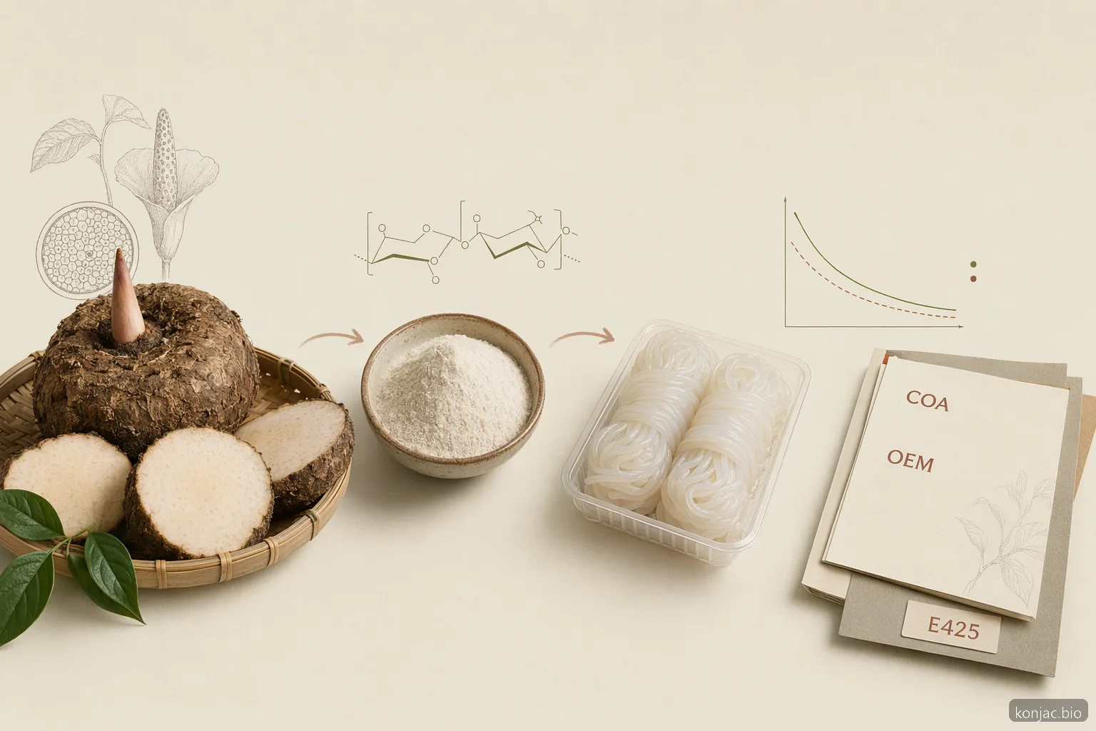 konjac wholesale sourcing desk with Yunnan corms, glucomannan powder, shirataki trays, and COA paperwork