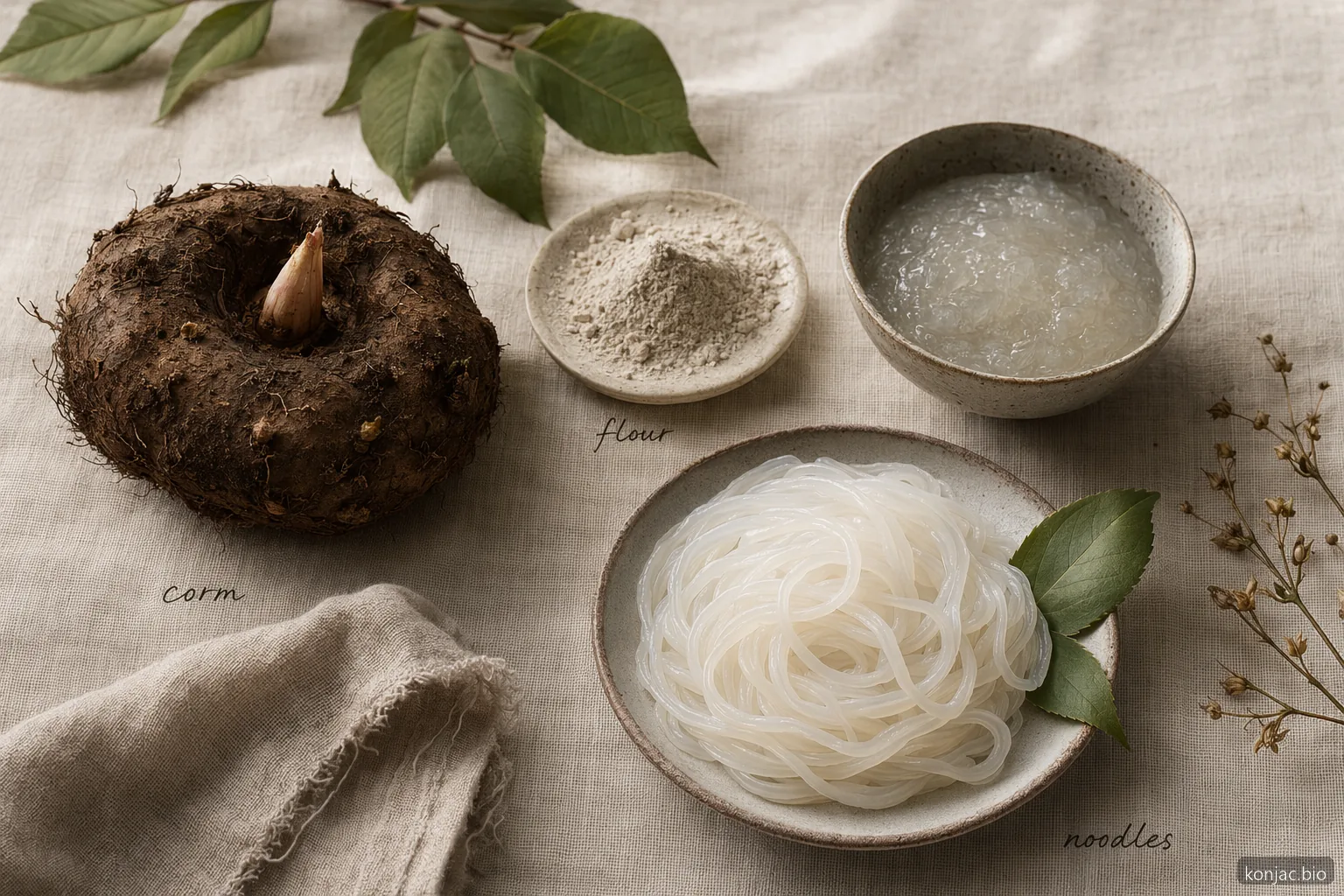 shirataki noodles begin as konjac corm, then flour and hydrated gel before being formed into noodle strands.