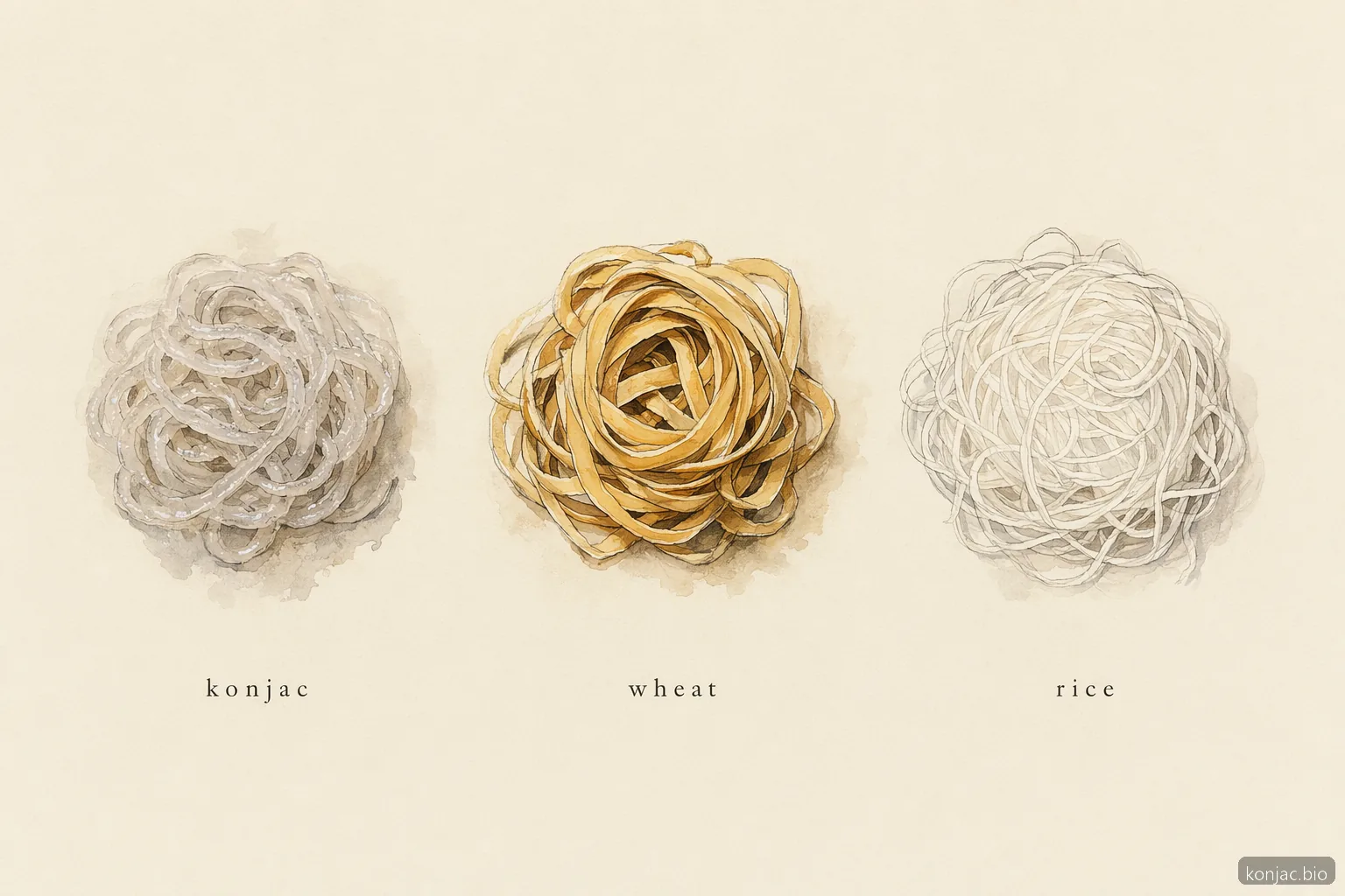 shirataki noodles differ from wheat pasta and rice noodles by their translucent konjac gel texture.