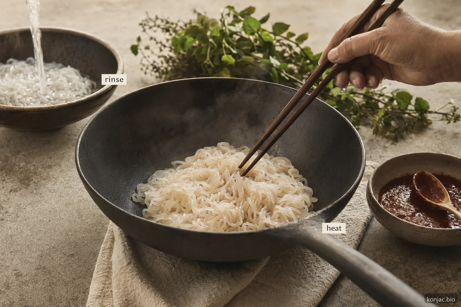 shirataki noodles cook best when rinsed and dry-pan heated so they absorb bold sauces more effectively.