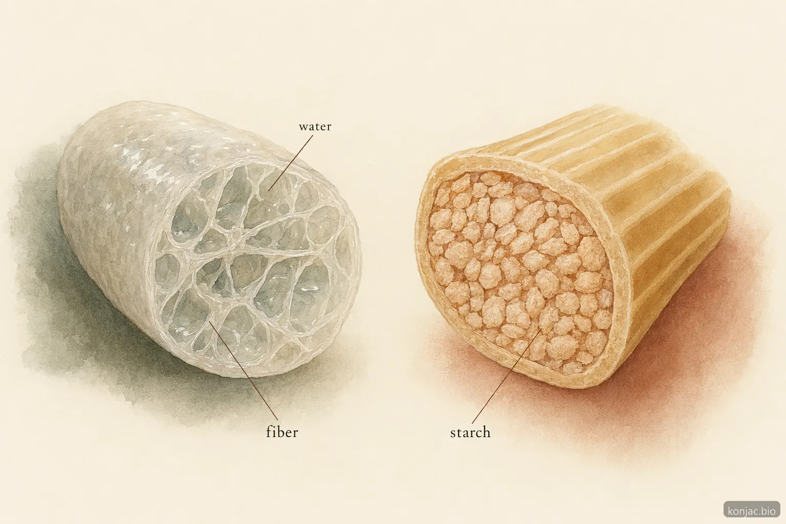 Low-calorie noodles stay low because shirataki is mostly water plus konjac fiber, unlike starch-dense pasta.