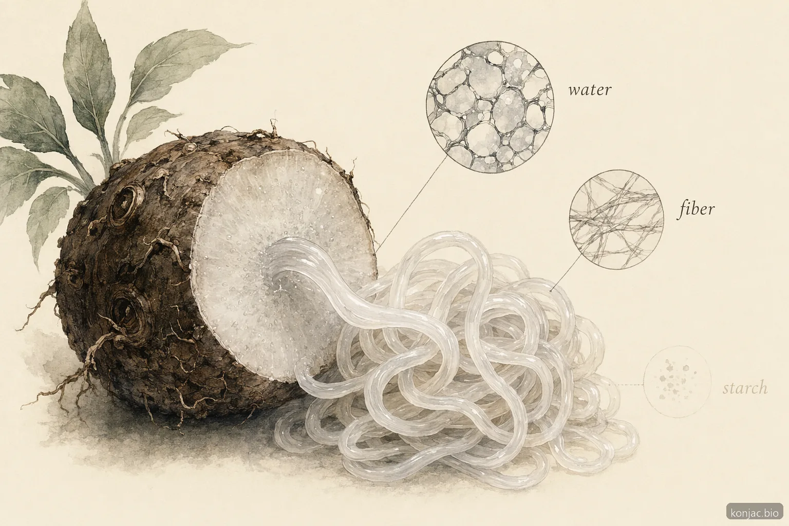 low carb alternative to noodles works because konjac gel is mostly water and fiber with little starch