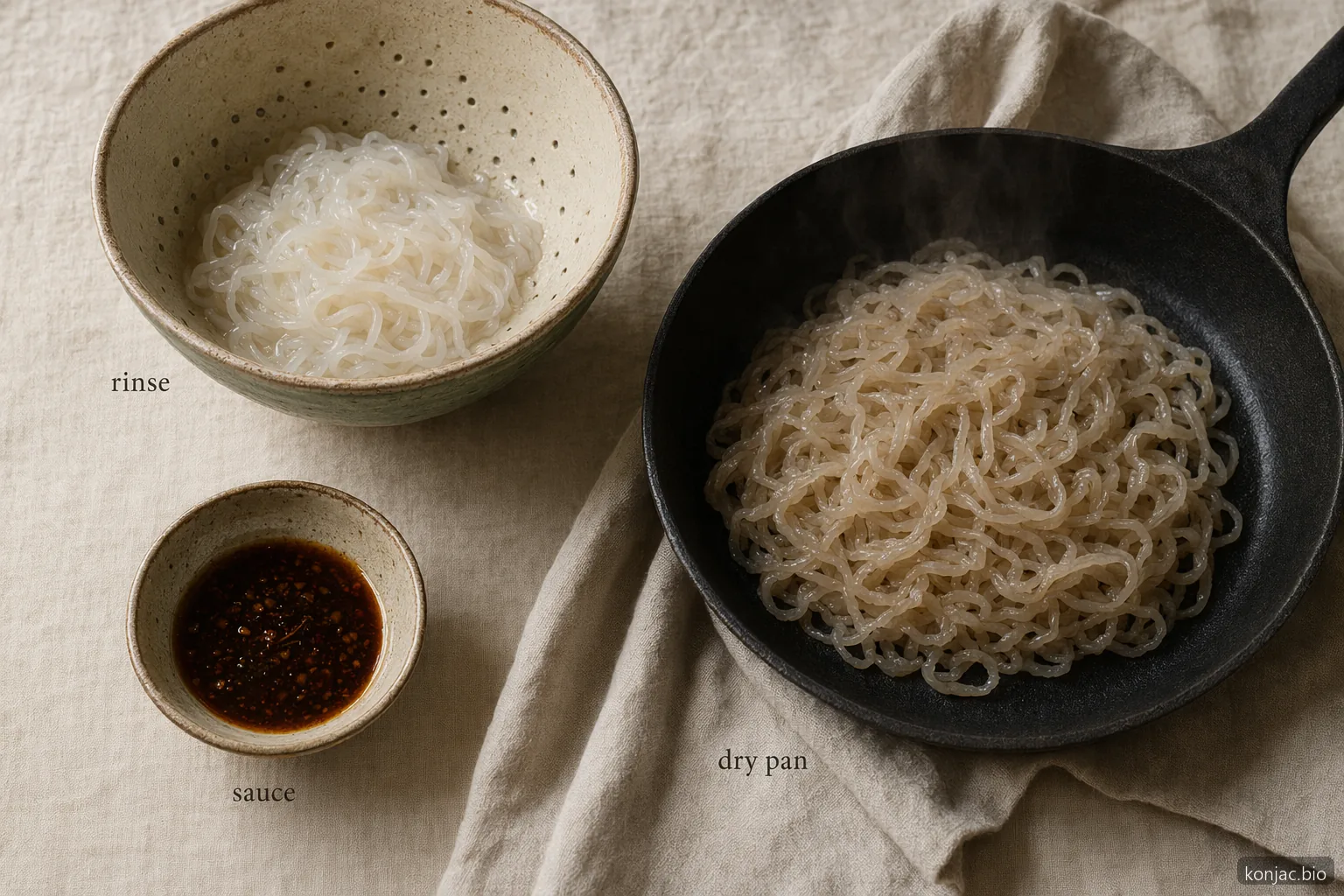 low carb alternative to noodles tastes better when shirataki is rinsed, dry heated, then sauced