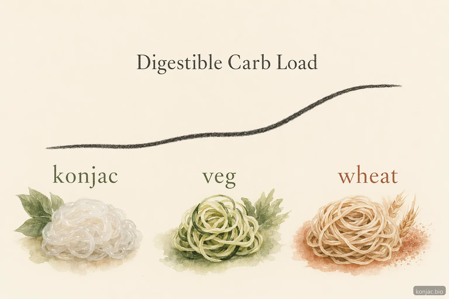 Low carb noodles comparison shows konjac lowest in digestible carbs, vegetables moderate, and wheat pasta higher.