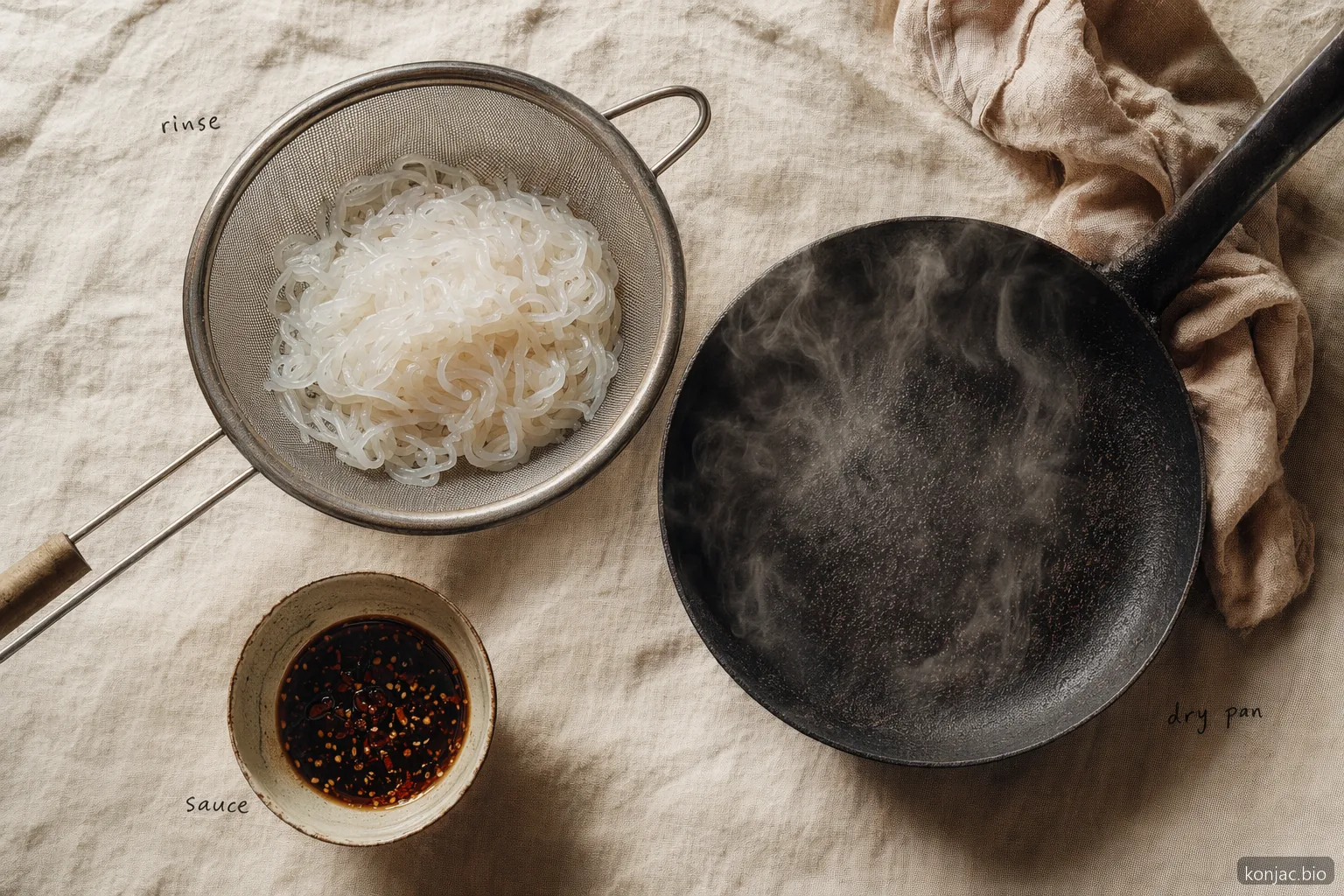 noodles konjac cooking works best after rinsing, dry-pan heating, then tossing with a bold sauce.
