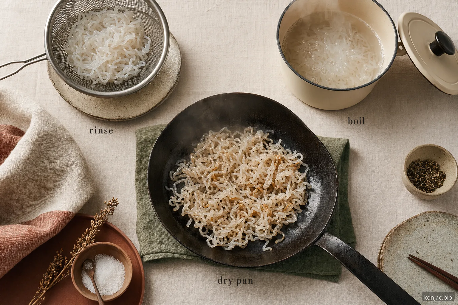 Shirataki miracle noodles cook best when rinsed, briefly boiled, then dry-pan heated before sauce