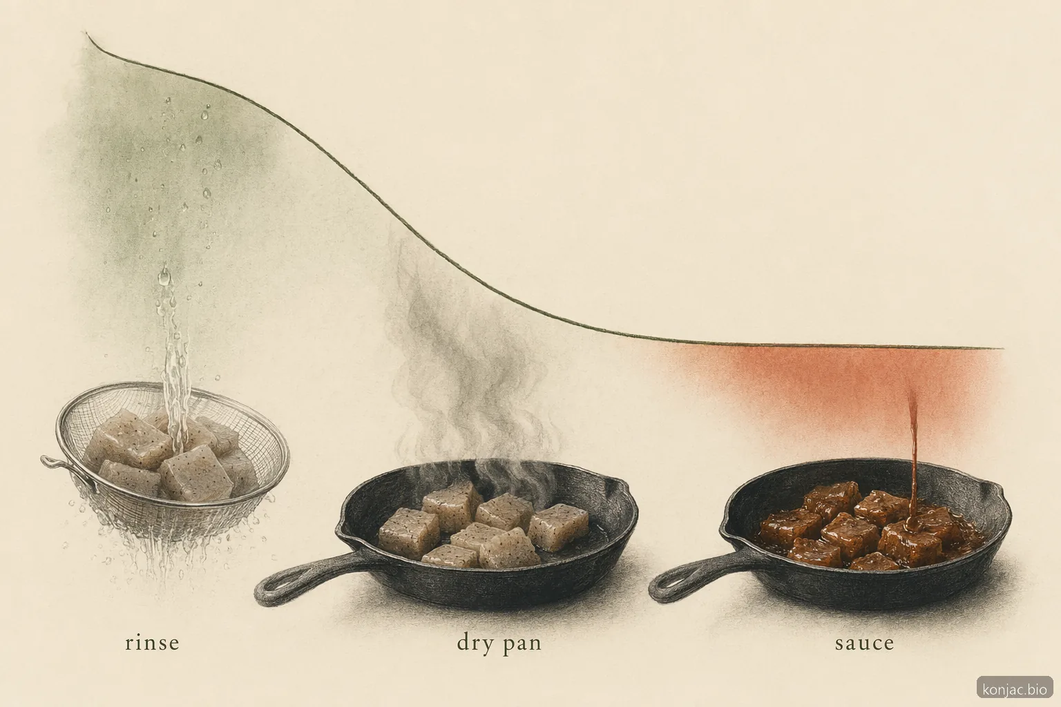 shirataki noodles and rice cook best when rinsed, dry-panned to remove water, then finished with sauce