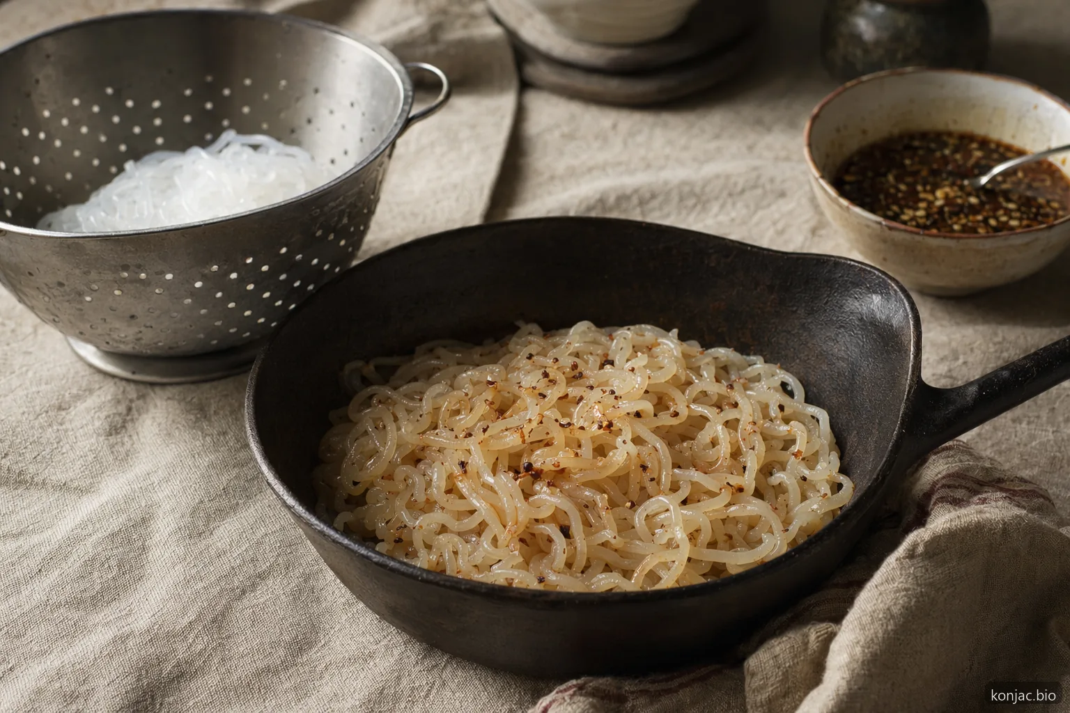 Shirataki pasta noodles cook best after rinsing and dry-pan heating, which reduces water and firms the strands.