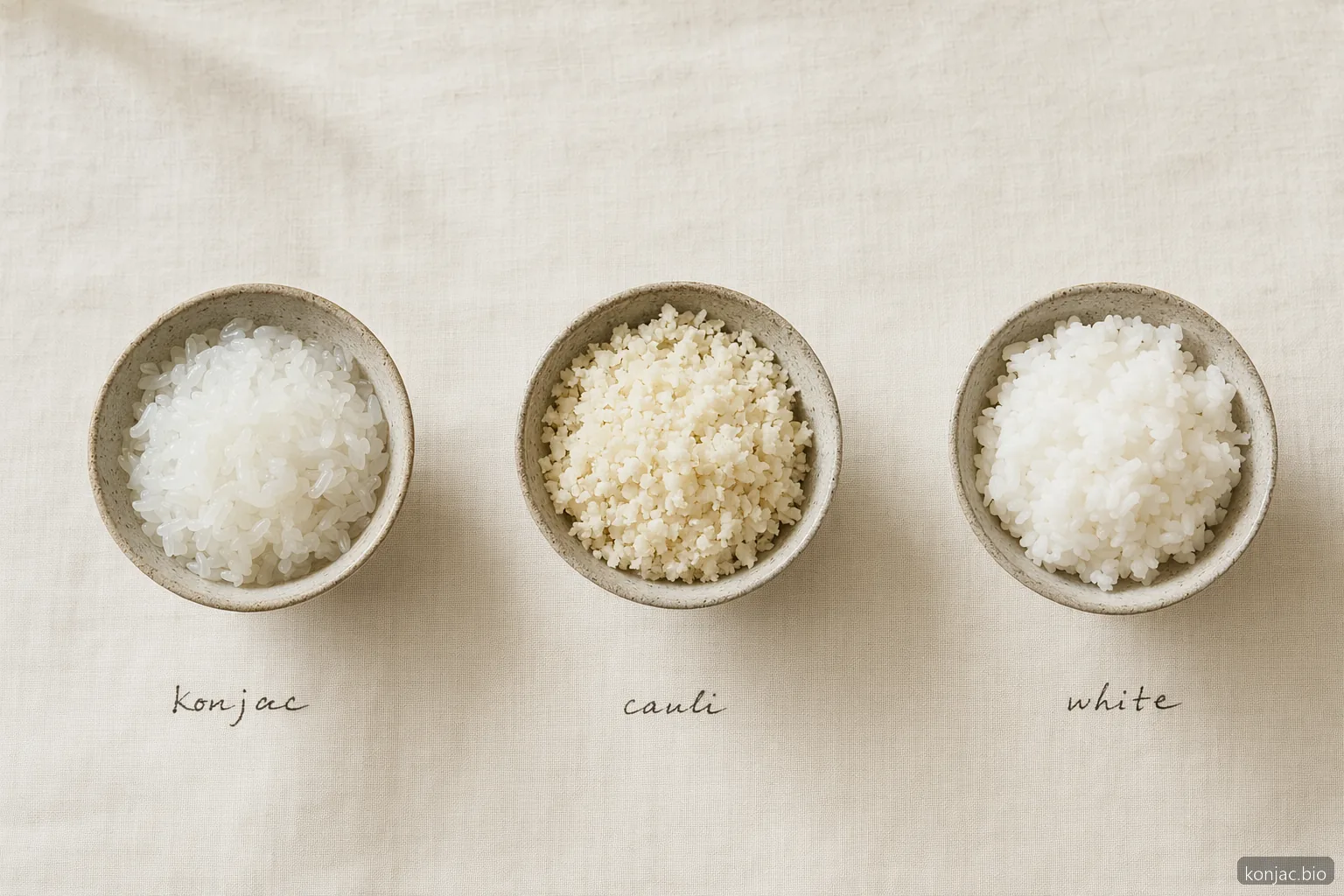 Shirataki rice, cauliflower rice, and white rice differ in texture, moisture, and low-carb meal use.